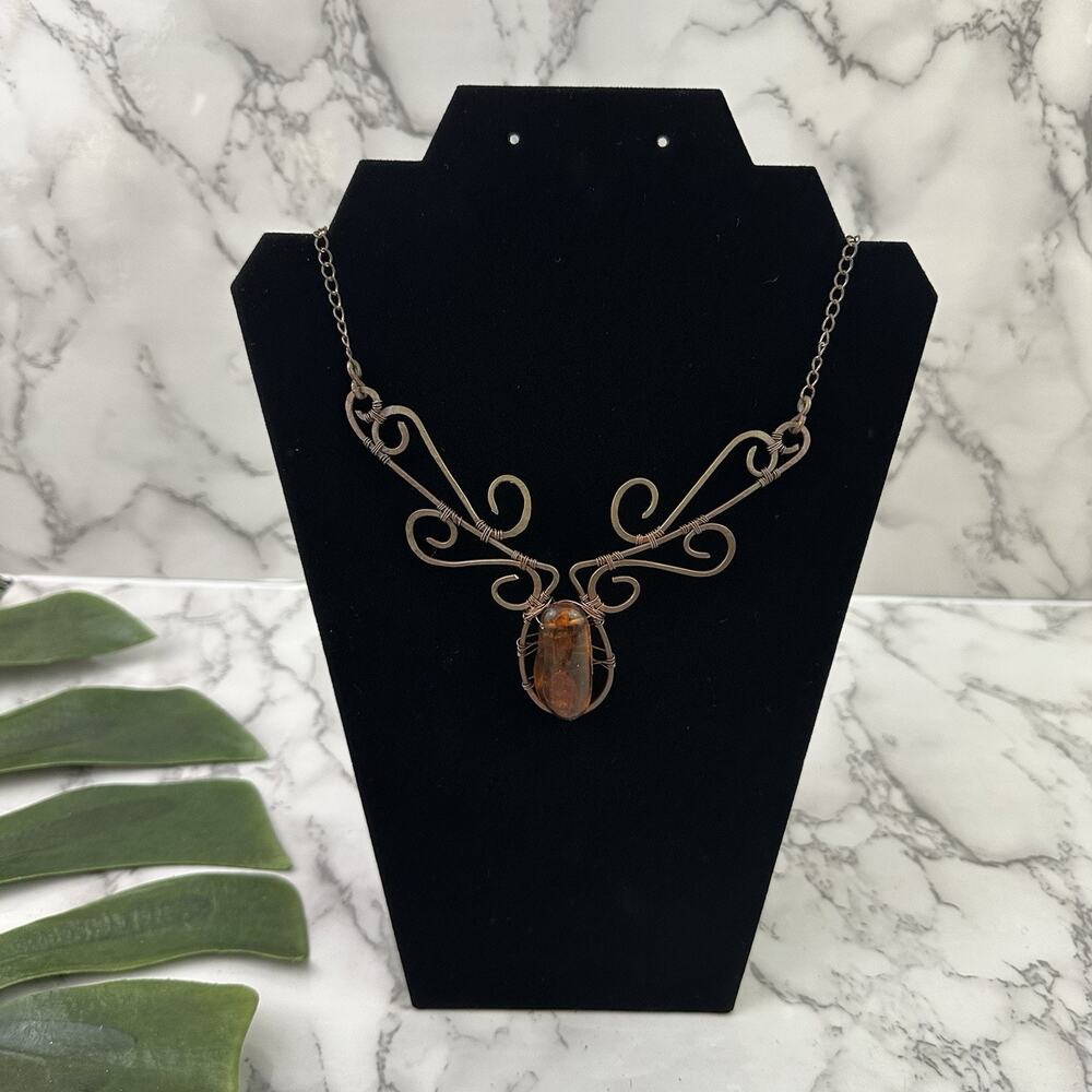 Vintage Y2k Collar Necklace Copper Metal Amber Pendant Boho Fairy Festival